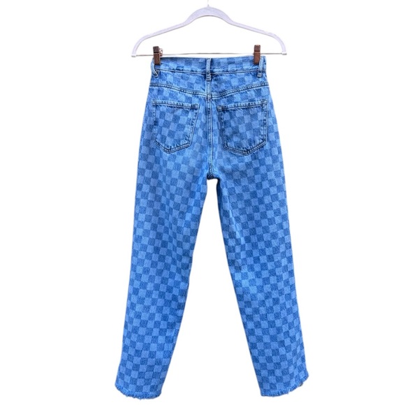 PacSun High Rise Straight Leg Raw Hem Checkered Blue Jeans 24 - Picture 2 of 8